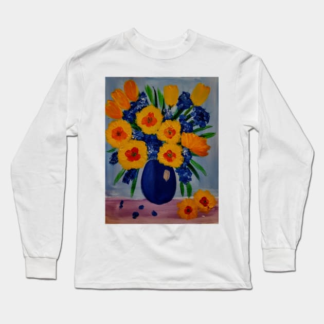 Tulips and carnations on a metallic blue vase Long Sleeve T-Shirt by kkartwork